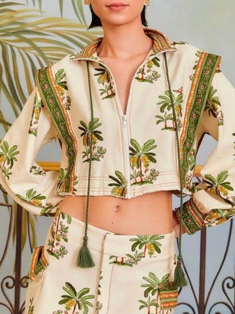 FARM Rio Cream Tropical Palm Print Cropped Bomber Jacket